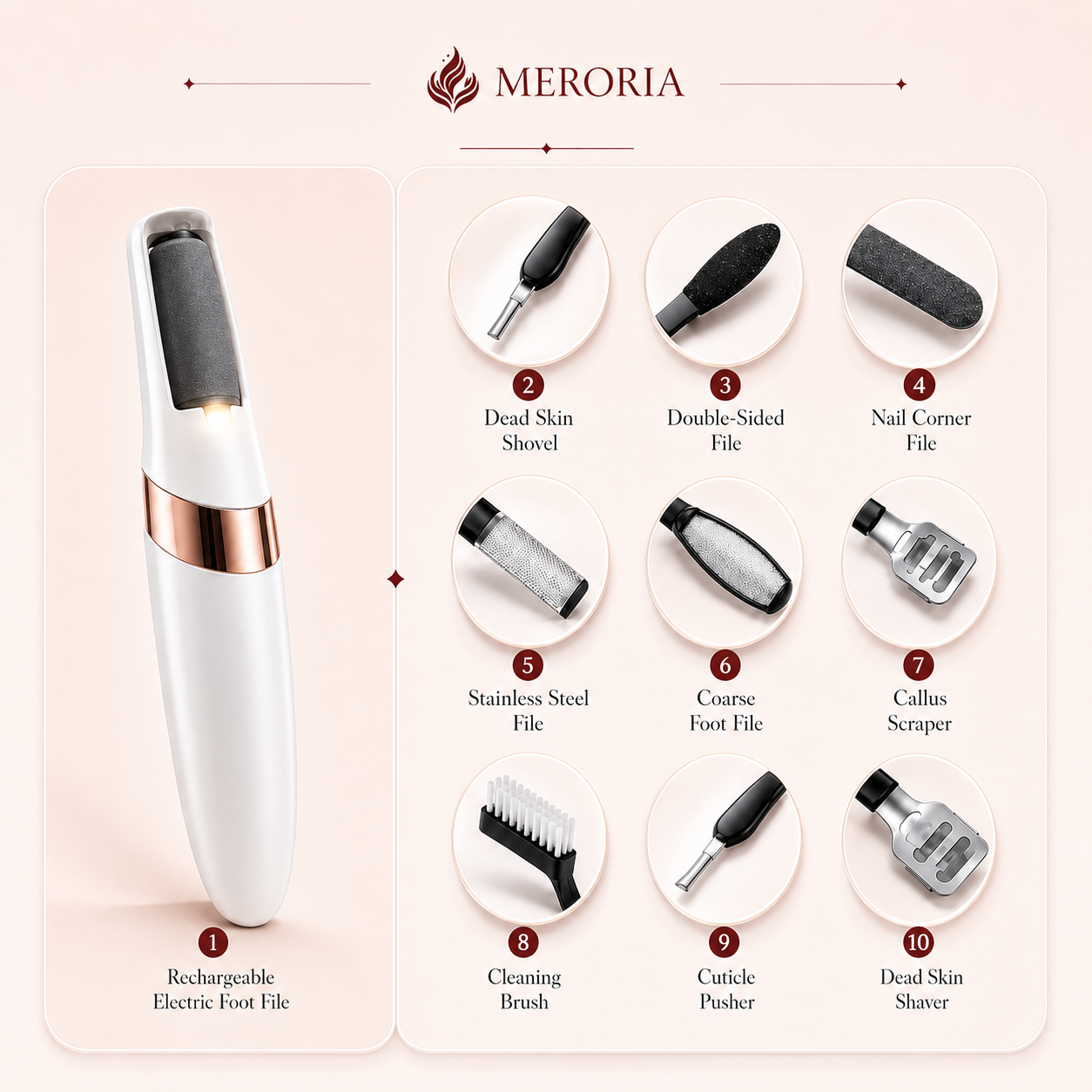 Meroria Pedicure Kit Pro with rechargeable foot file and nine pedicure accessories
