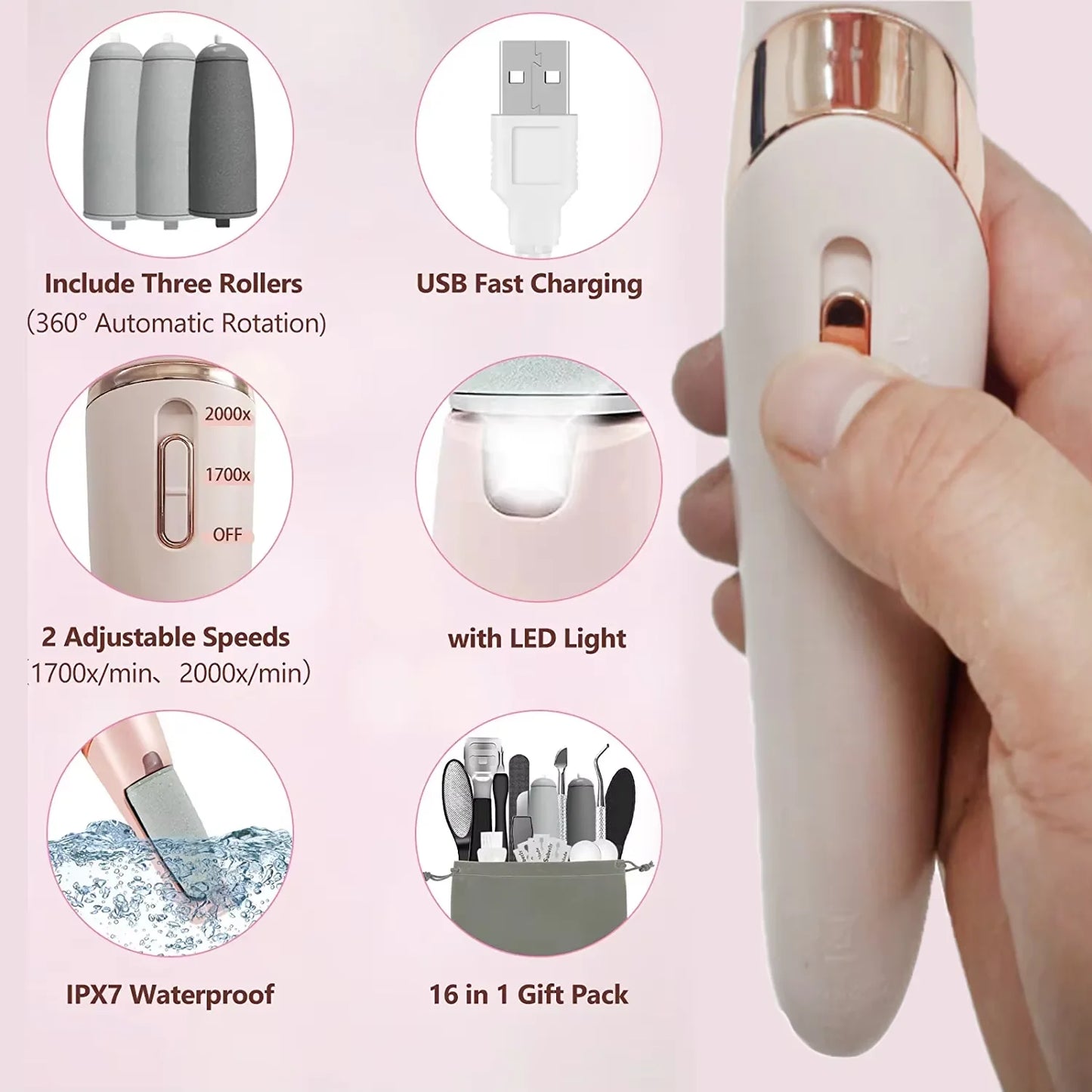 Meroria Pedicure Kit Pro showing rollers, USB charging, adjustable speeds and LED light