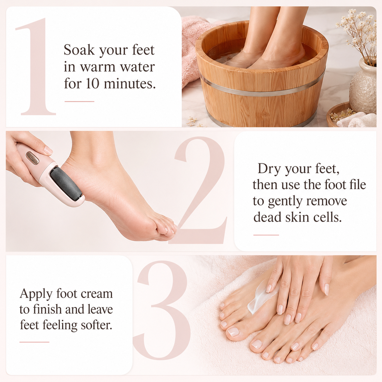 Three-step Meroria foot care routine with soaking, electric filing and foot cream